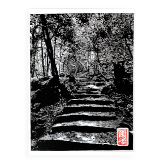 Handmade Japanese linocut of a winding path in the Kurama forest in limited edition