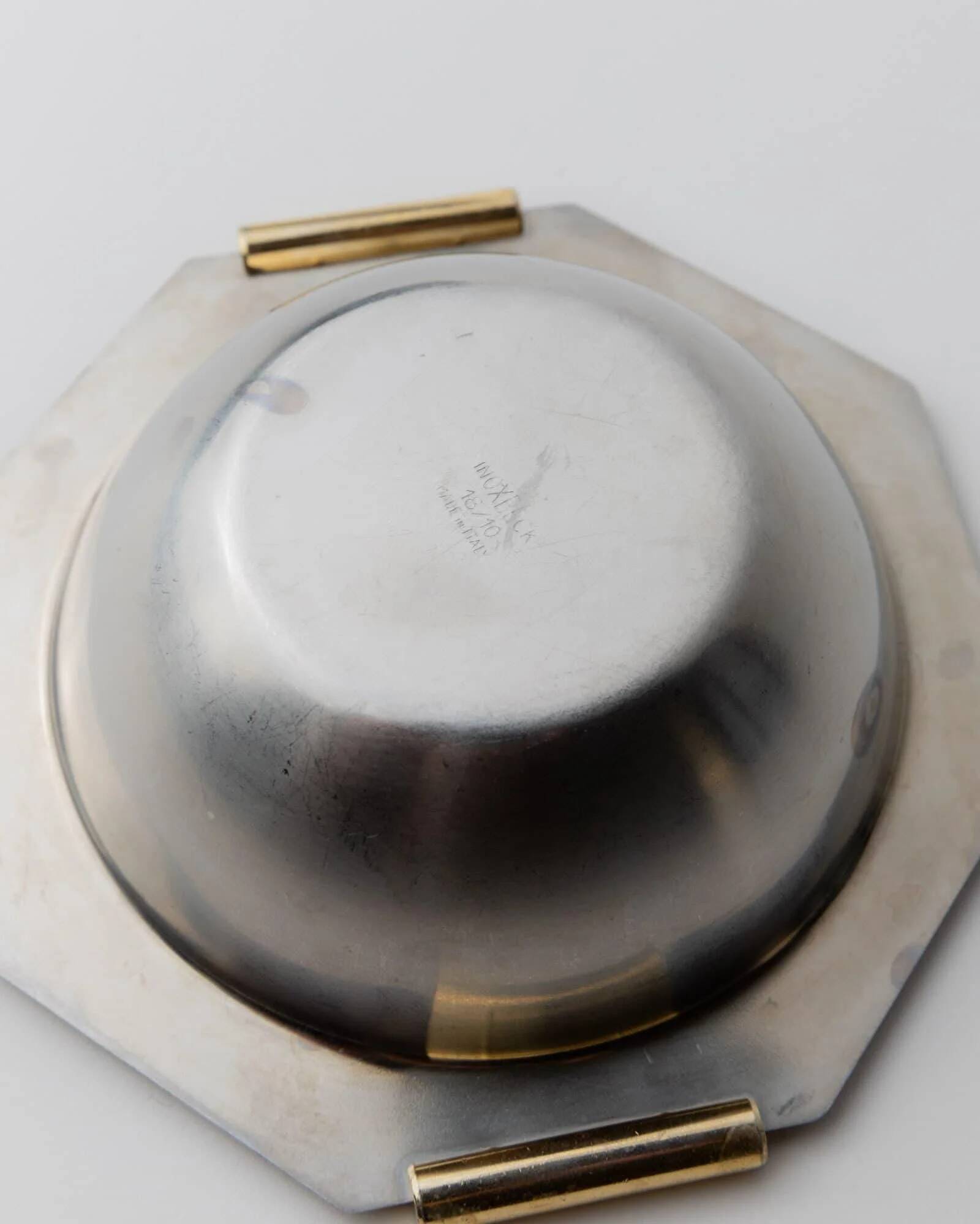 1980s vintage bowls, set of 8, stainless steel with gold handles.