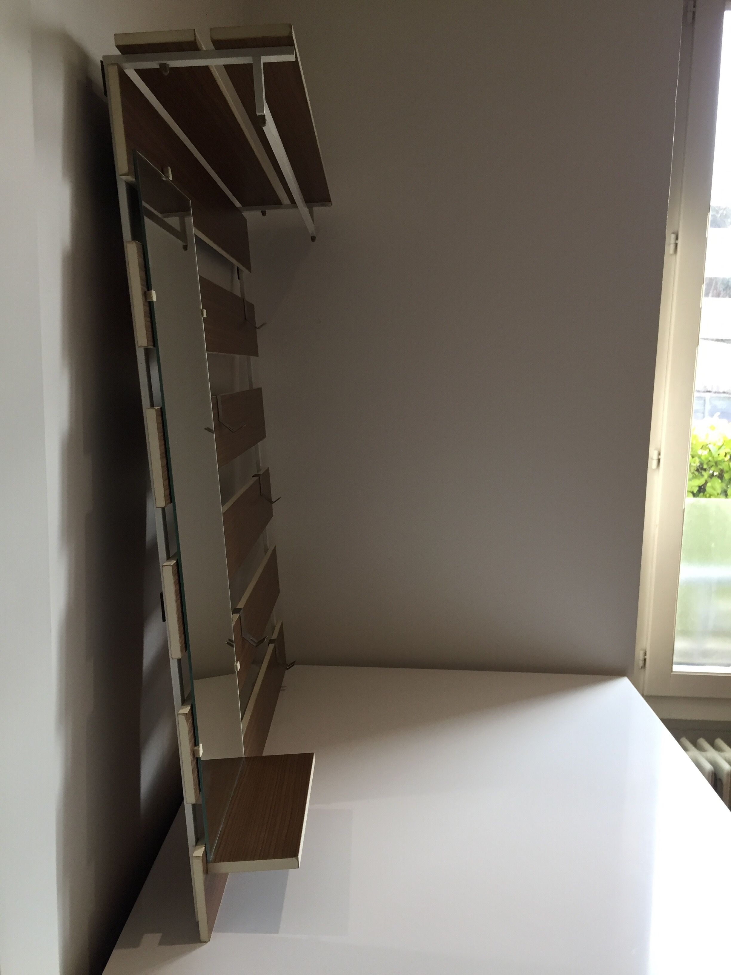 Slatted wall coat rack with mirror, modernist design, 1960s