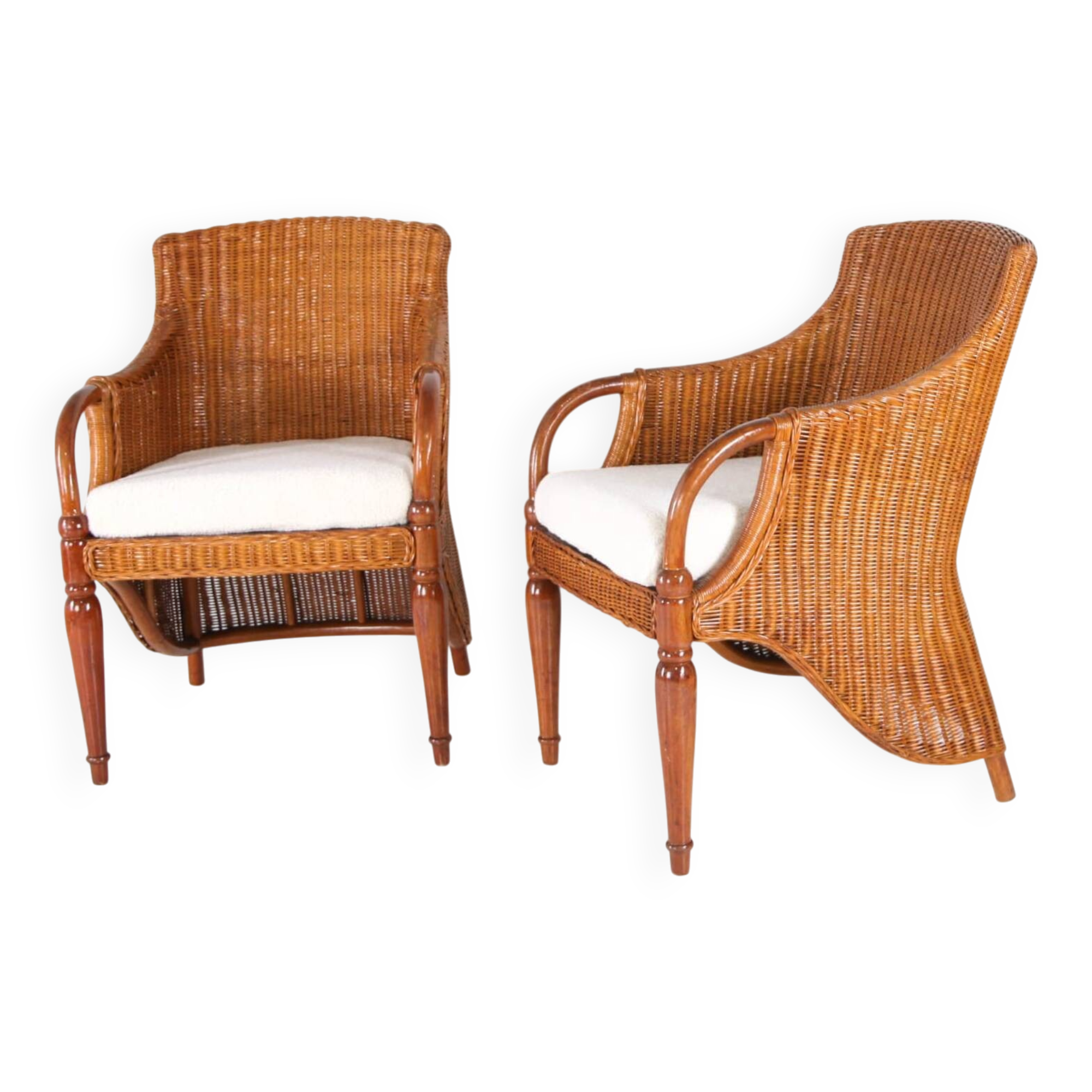 Pair of wooden and wicker armchairs