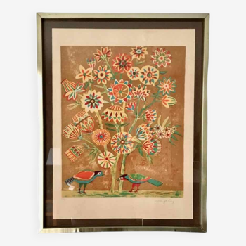 Lithographie signée Jacques Margerin L’arbre aux fleurs et oiseaux 1960-70