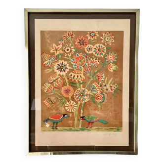 Lithographie signée Jacques Margerin L’arbre aux fleurs et oiseaux 1960-70