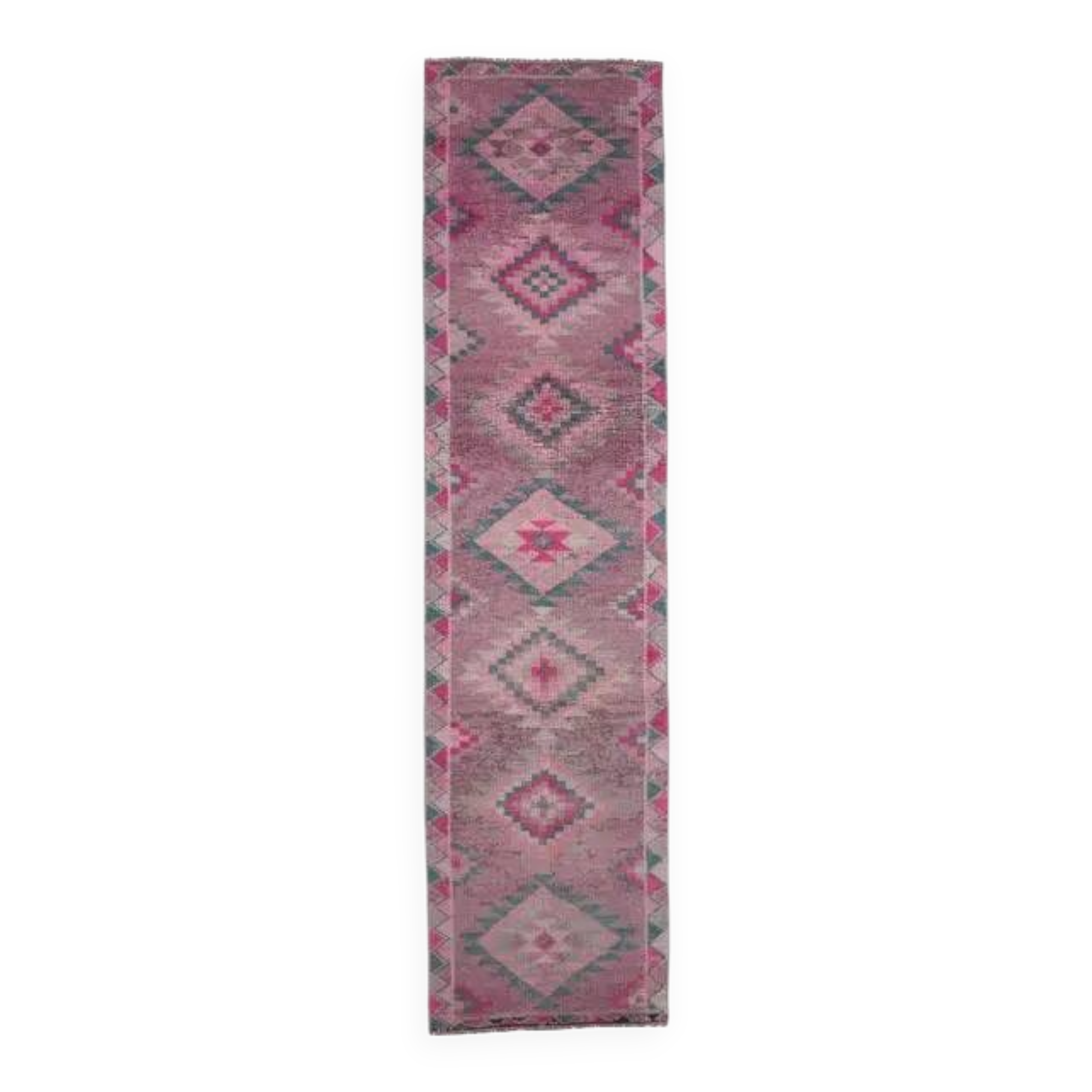 1970s Turkish handmade wool pink diamond runner 82x337