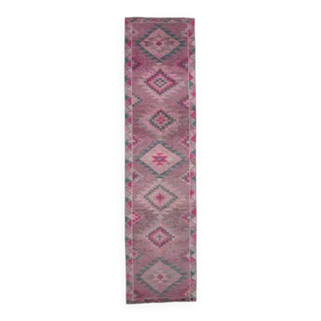 1970s Turkish handmade wool pink diamond runner 82x337