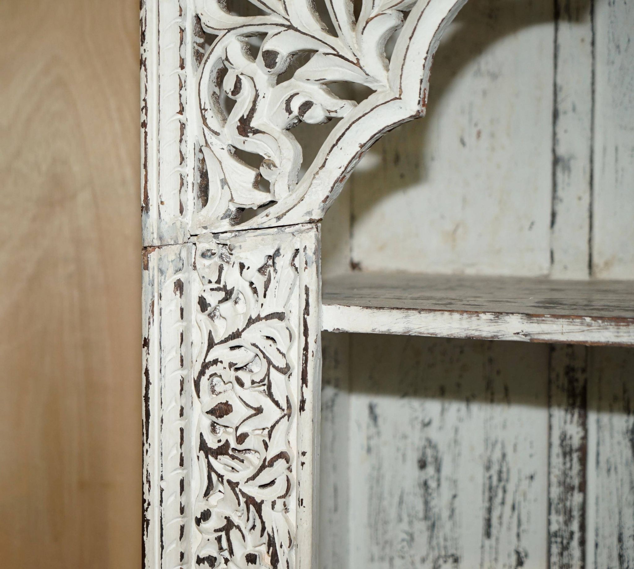 Large antique Anglo-Indian library in carved solid wood with original paint.