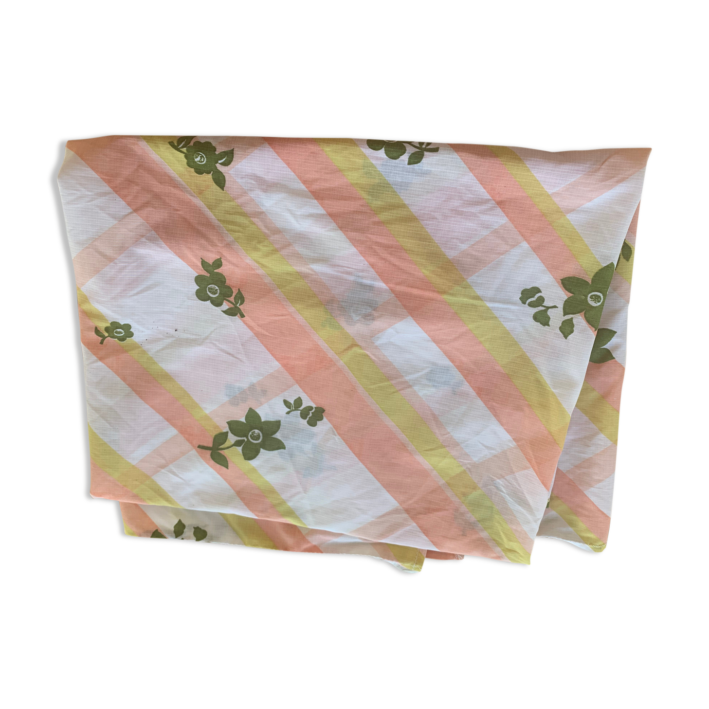 Tergal tablecloth with orange stripes and vintage khaki flowers 1970