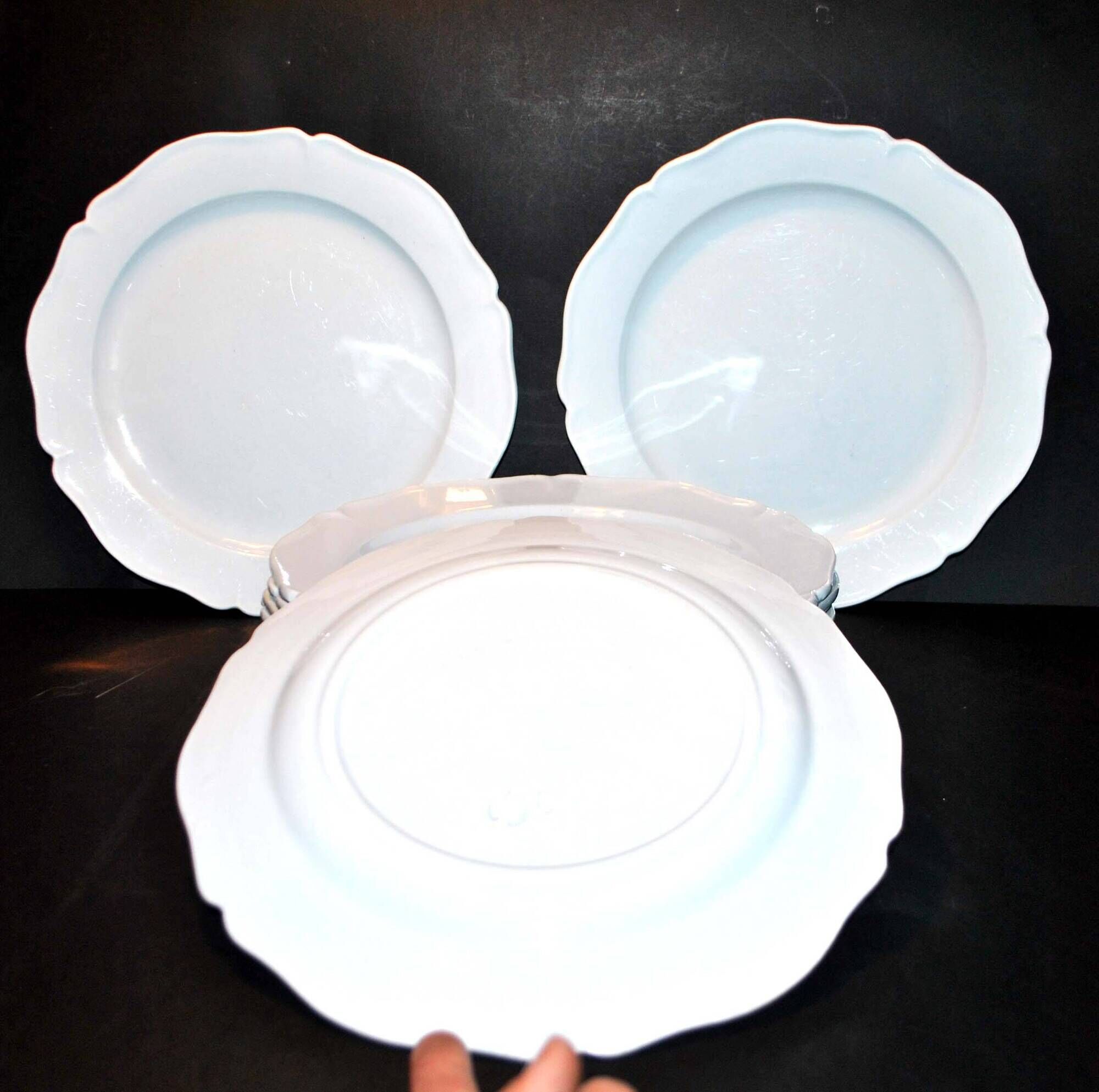 MONTEREAU Set of 12 old scalloped flat plates Pastel blue opaque earthenware 1820-30