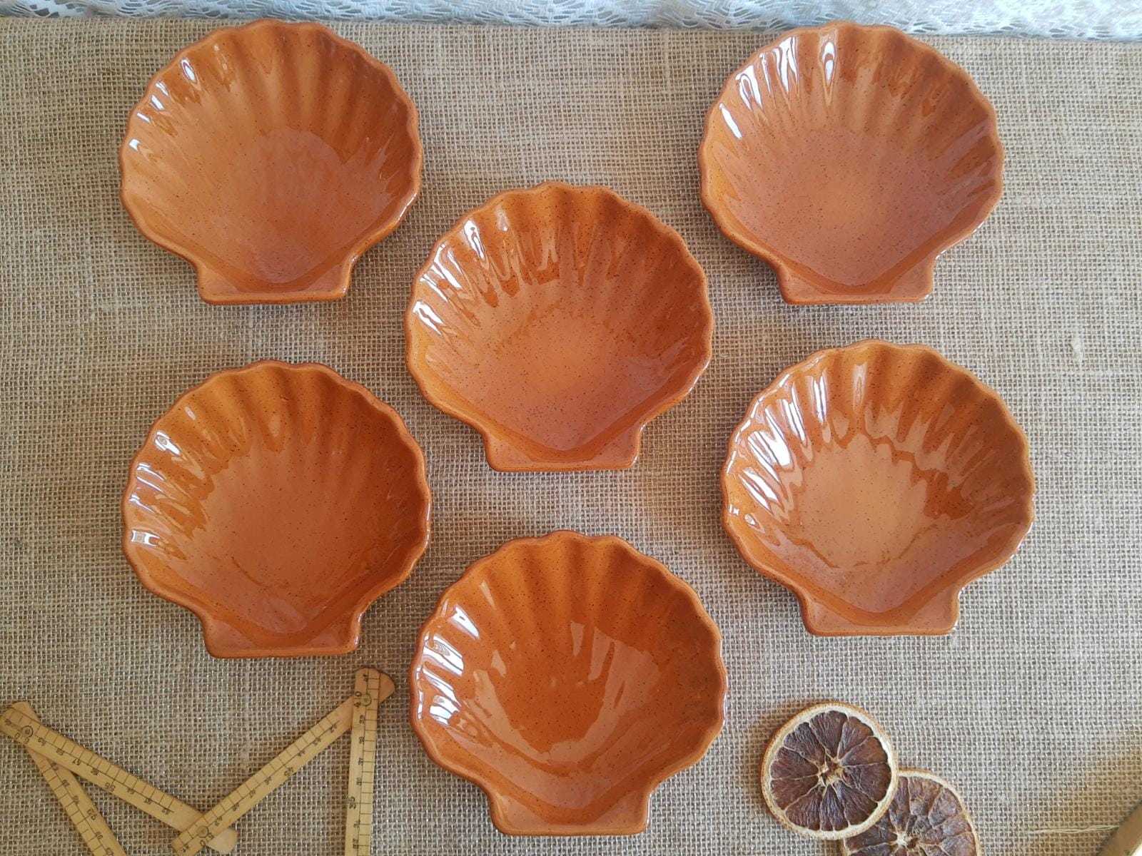 Set of 6 glazed scallop shell ramekins Emile Henry France