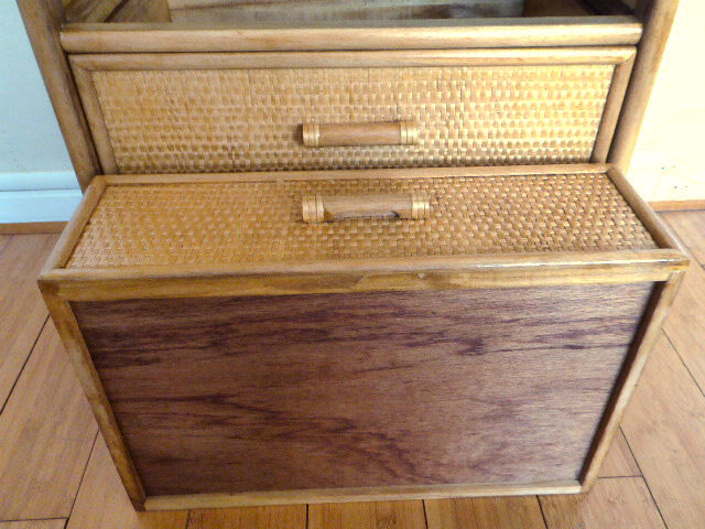 Chest of drawers vintage wood and rattan blond 4 drawers ca 1970