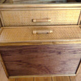Chest of drawers vintage wood and rattan blond 4 drawers ca 1970