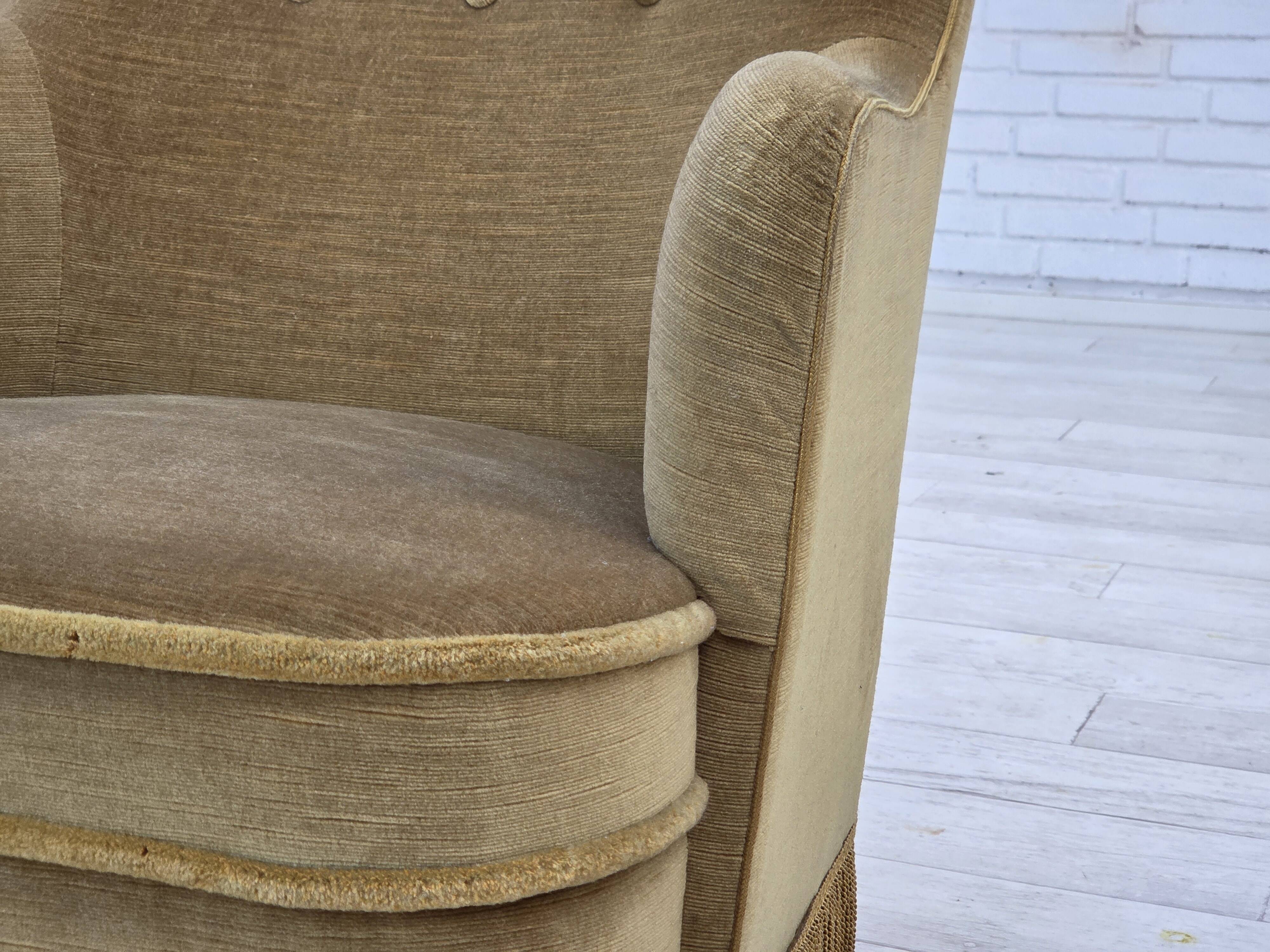 1970s, Danish lounge chair, light green furniture velour, beech wood.