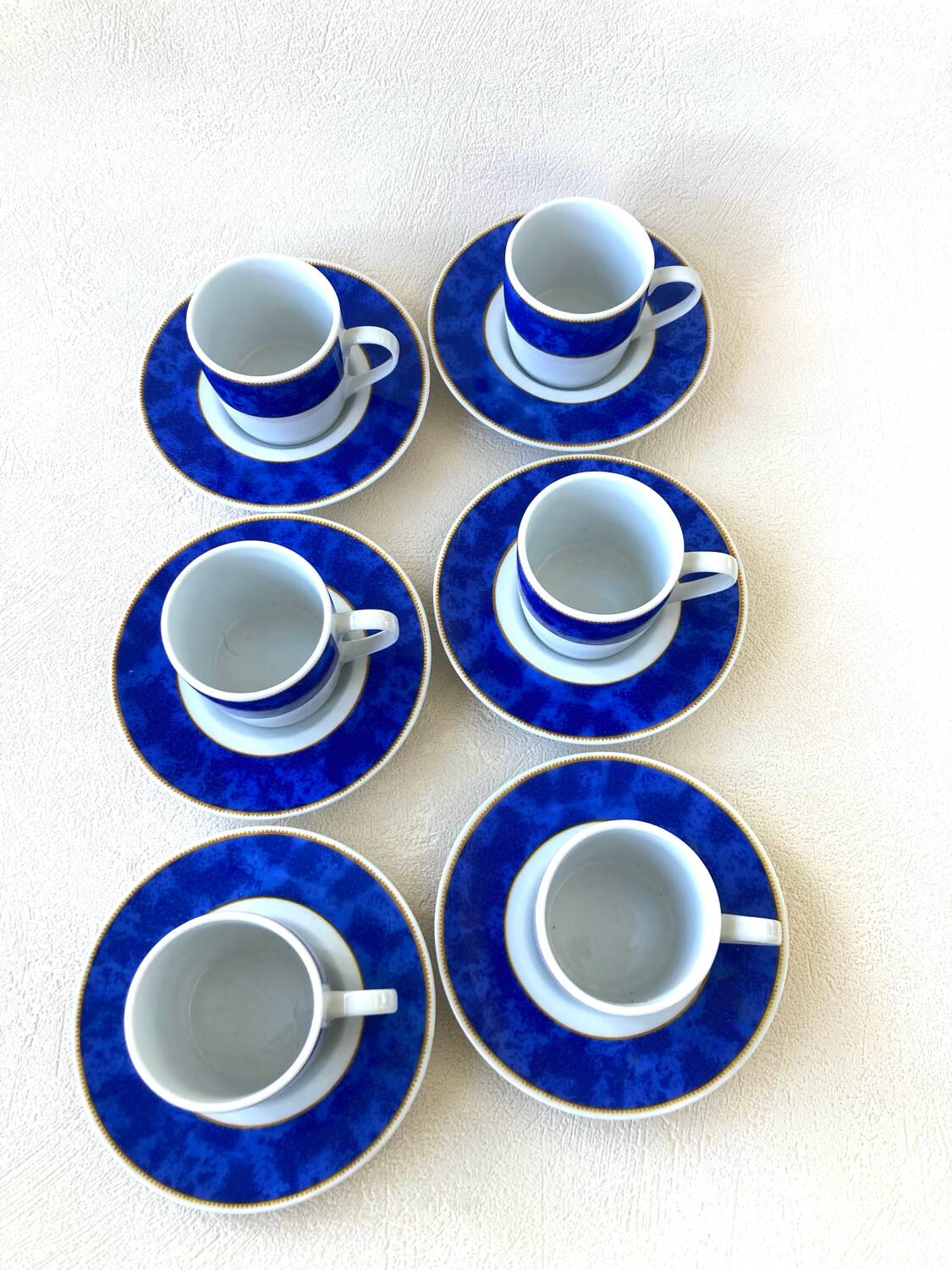 6 Genevieve Lethu Blue and White Coffee Cups and Saucers