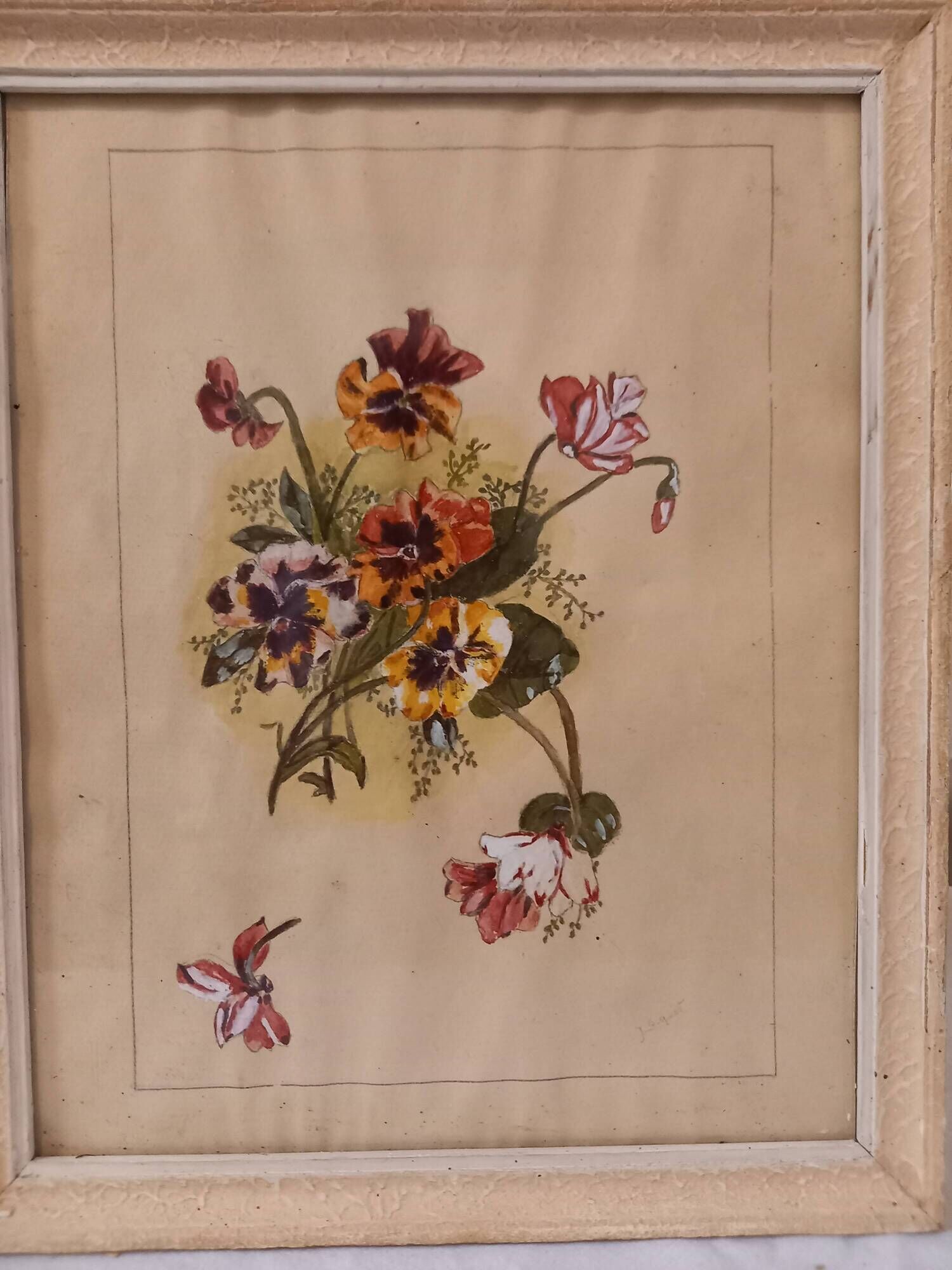 Old painting, gouache on paper, floral composition with pansies, framed under glass