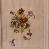 Tableau ancien, gouache sur papier, composition florale avec pensées, enacdré sous verre