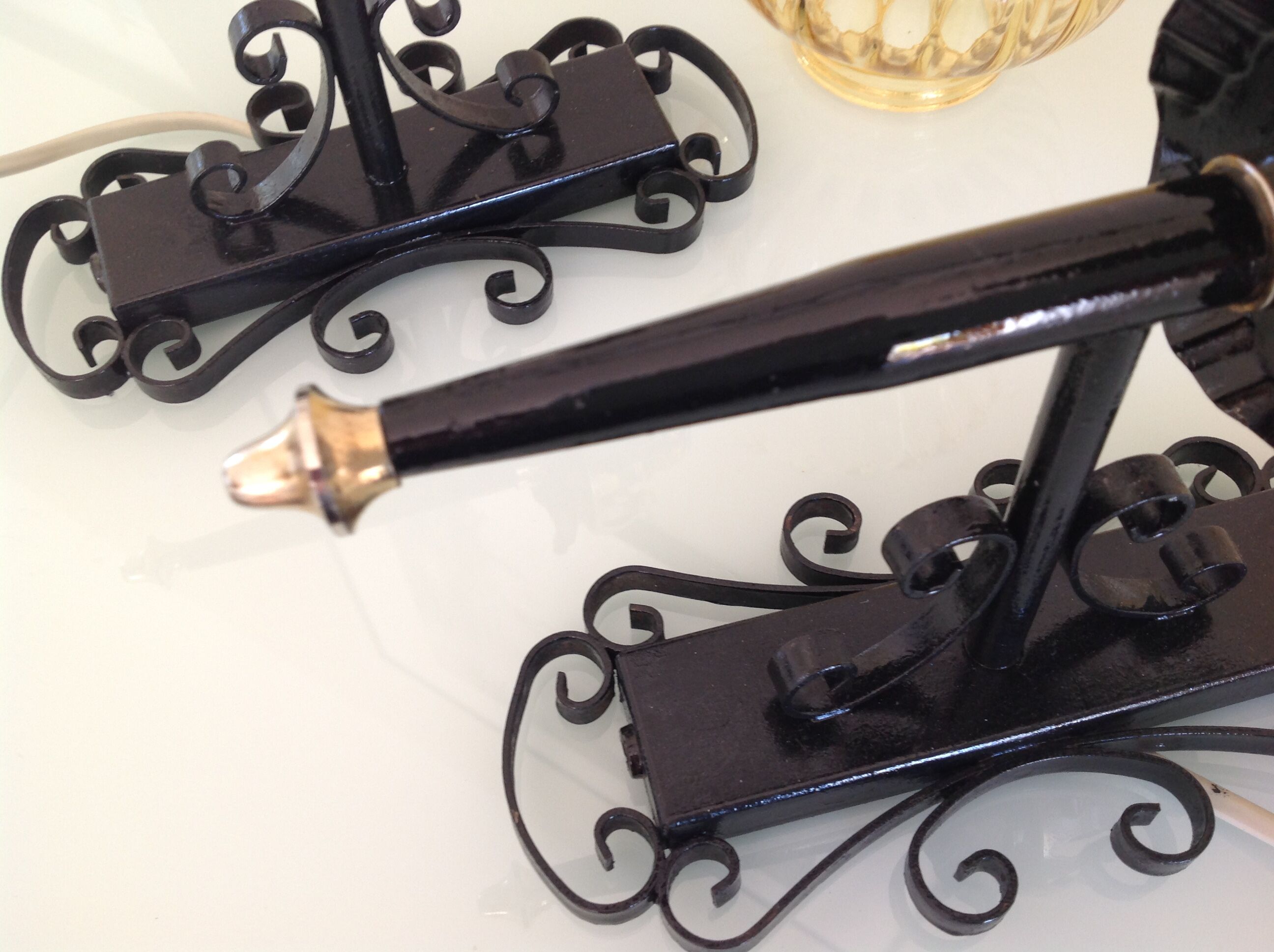 Pair of vintage iron and smoked glass