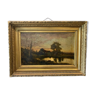 Oil on framed canvas Landscape of the countryside 19th century