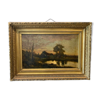 Huile sur toile encadrée Paysage de campagne XIX siècle