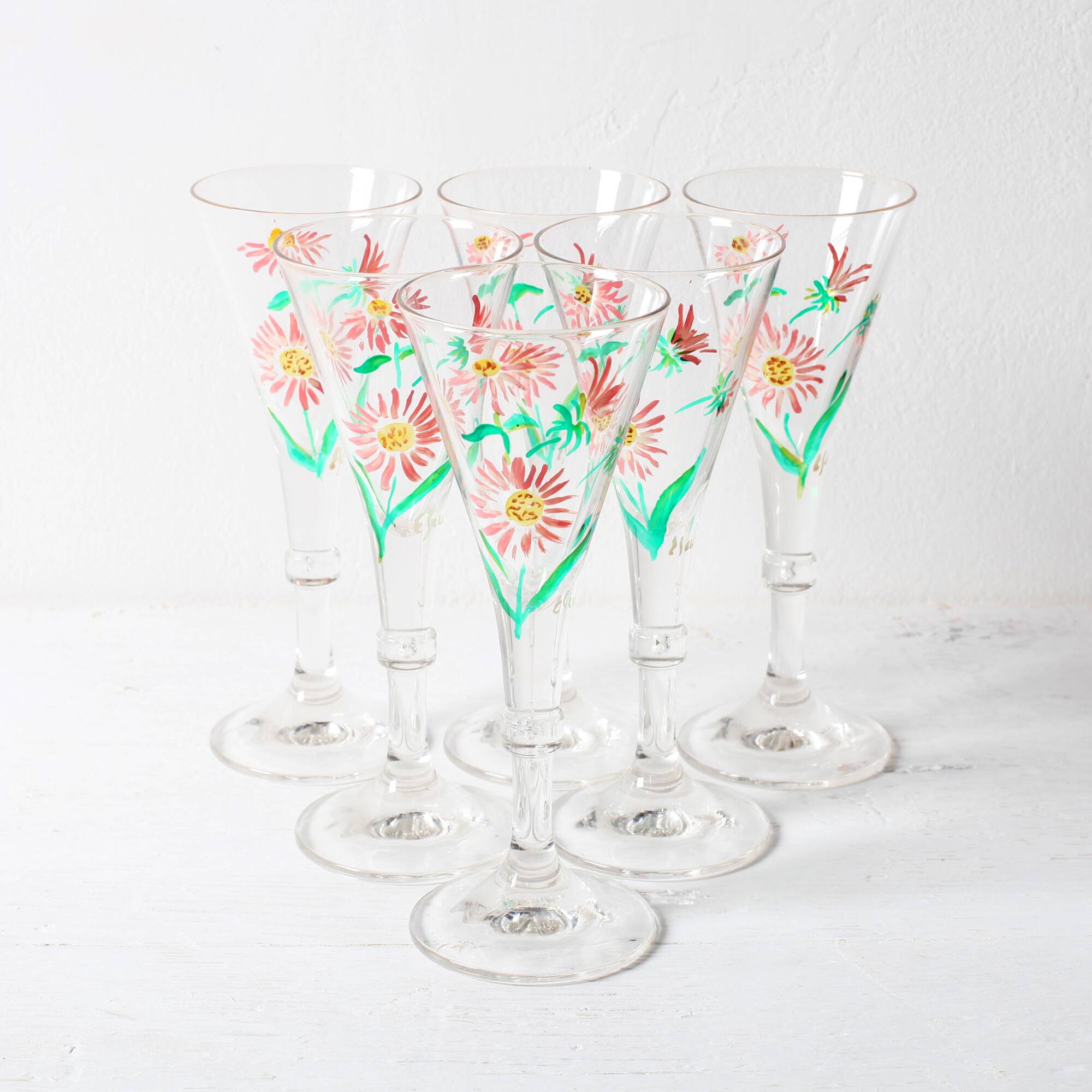 Set of 6 Mid-century Rare Floral Design Champagne Flutes / Italy / 1960s