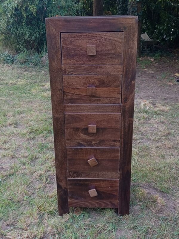 Chiffonnier commode haute bois massif éxotique palissandre 5 tiroirs