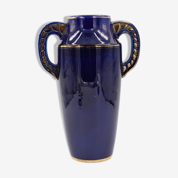 Vase art déco en céramique signé Odyv couleur bleu de sèvres