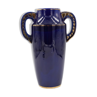 Vase art déco en céramique signé Odyv couleur bleu de sèvres