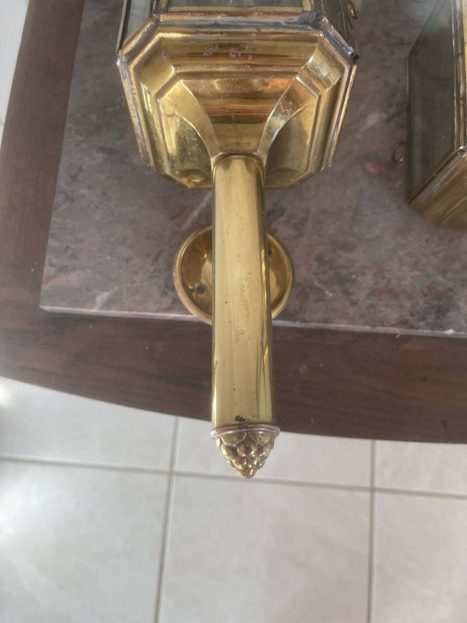 Old Pair of Gilded Brass Wall Lights in Carriage Lantern Eagle Empire Style