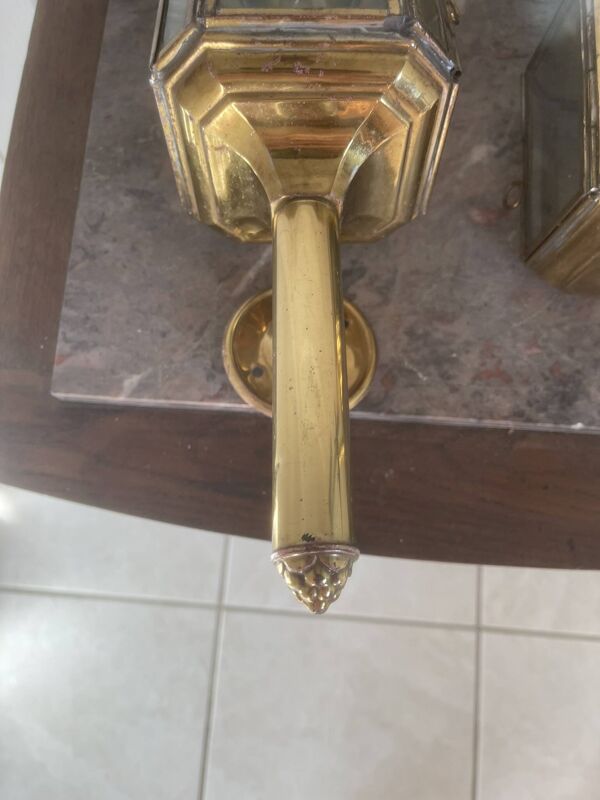 Ancien Paire Applique Laiton Doré Style Lanternes Carrosse Aigle Empire