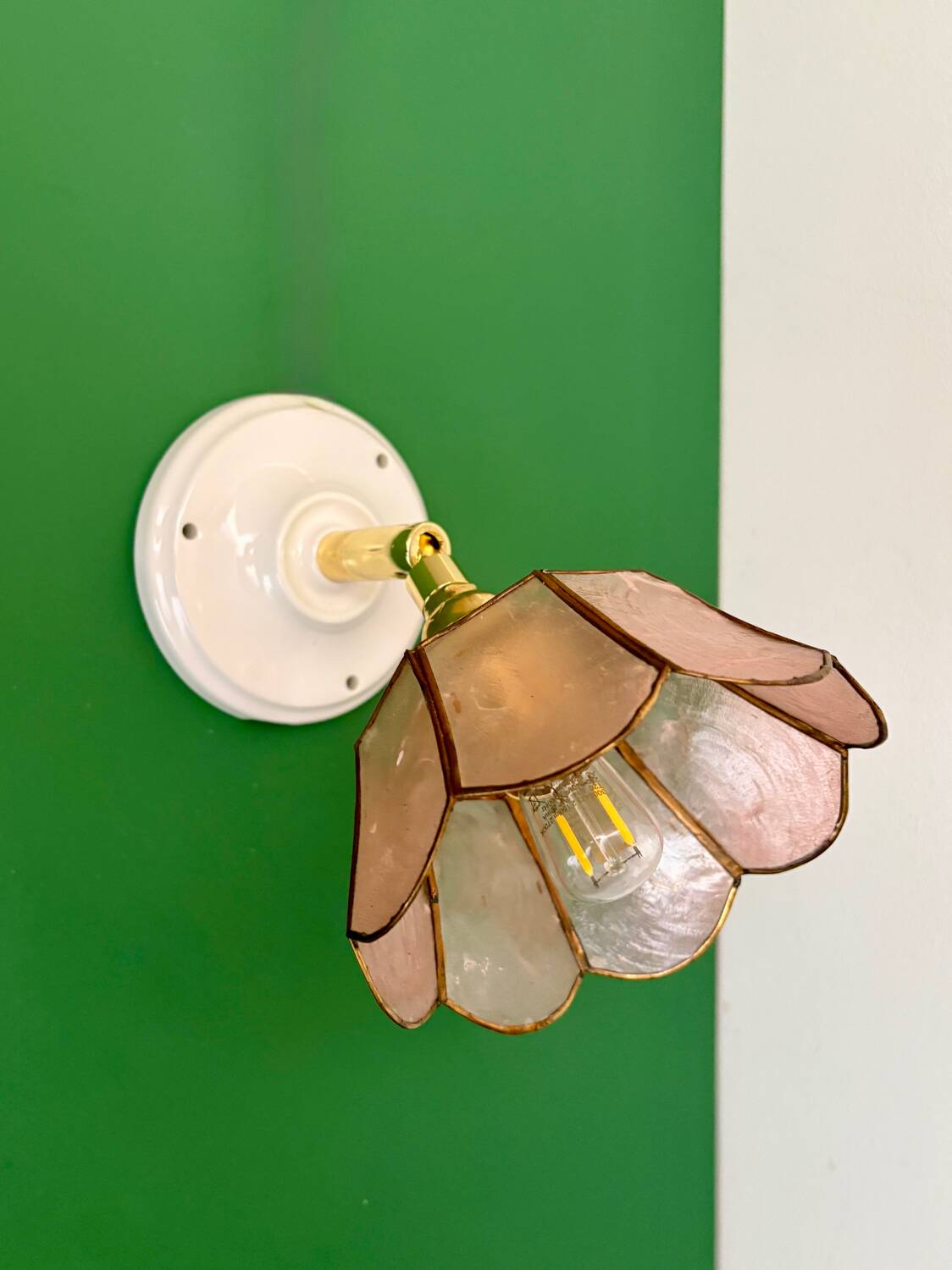 Vintage mother-of-pearl and brass wall lamp with lampshade