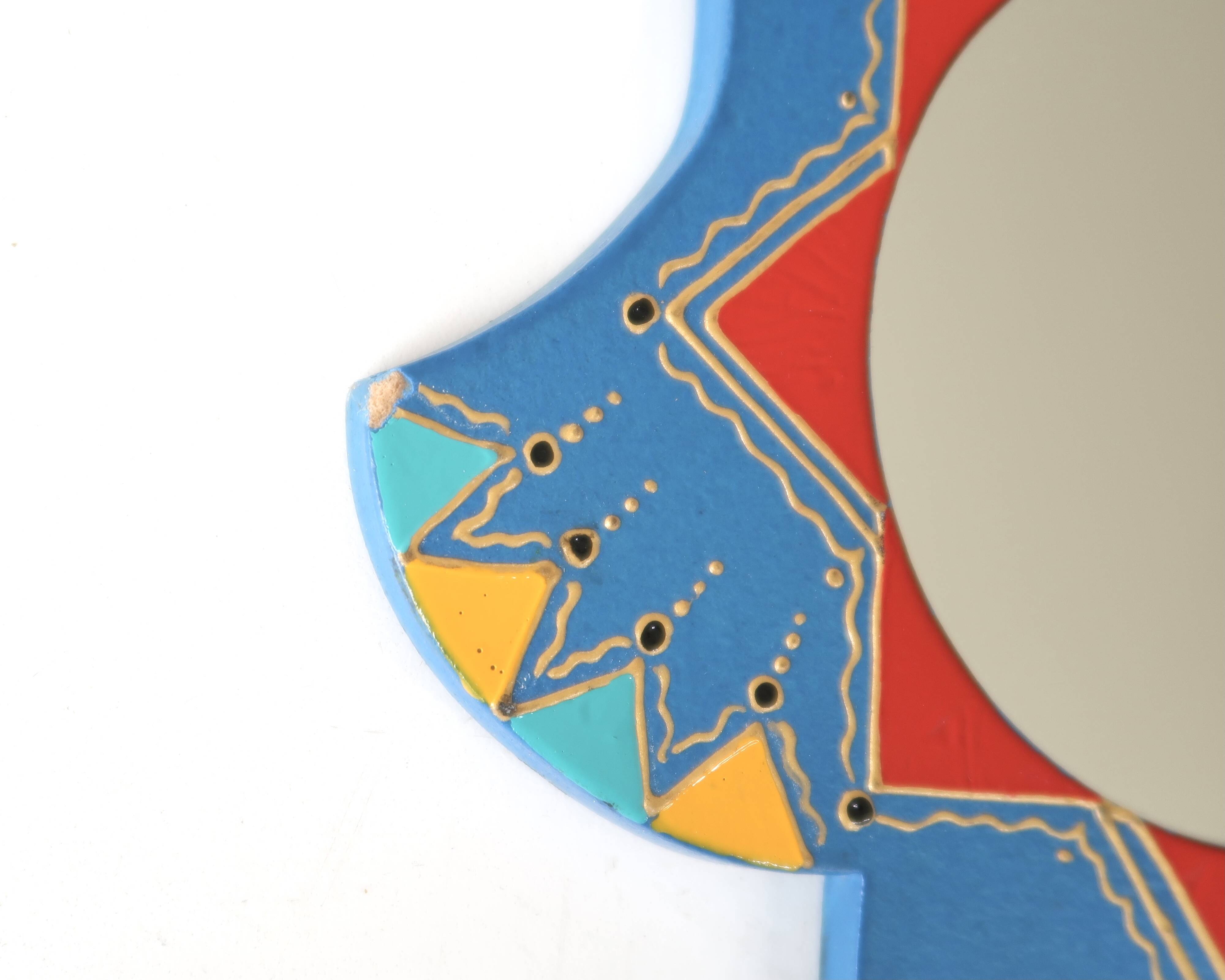 Moroccan painted wooden mirror in the shape of a hand, 1970s