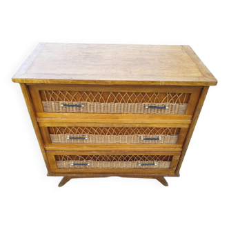 Commode trois tiroirs pieds compas rotin