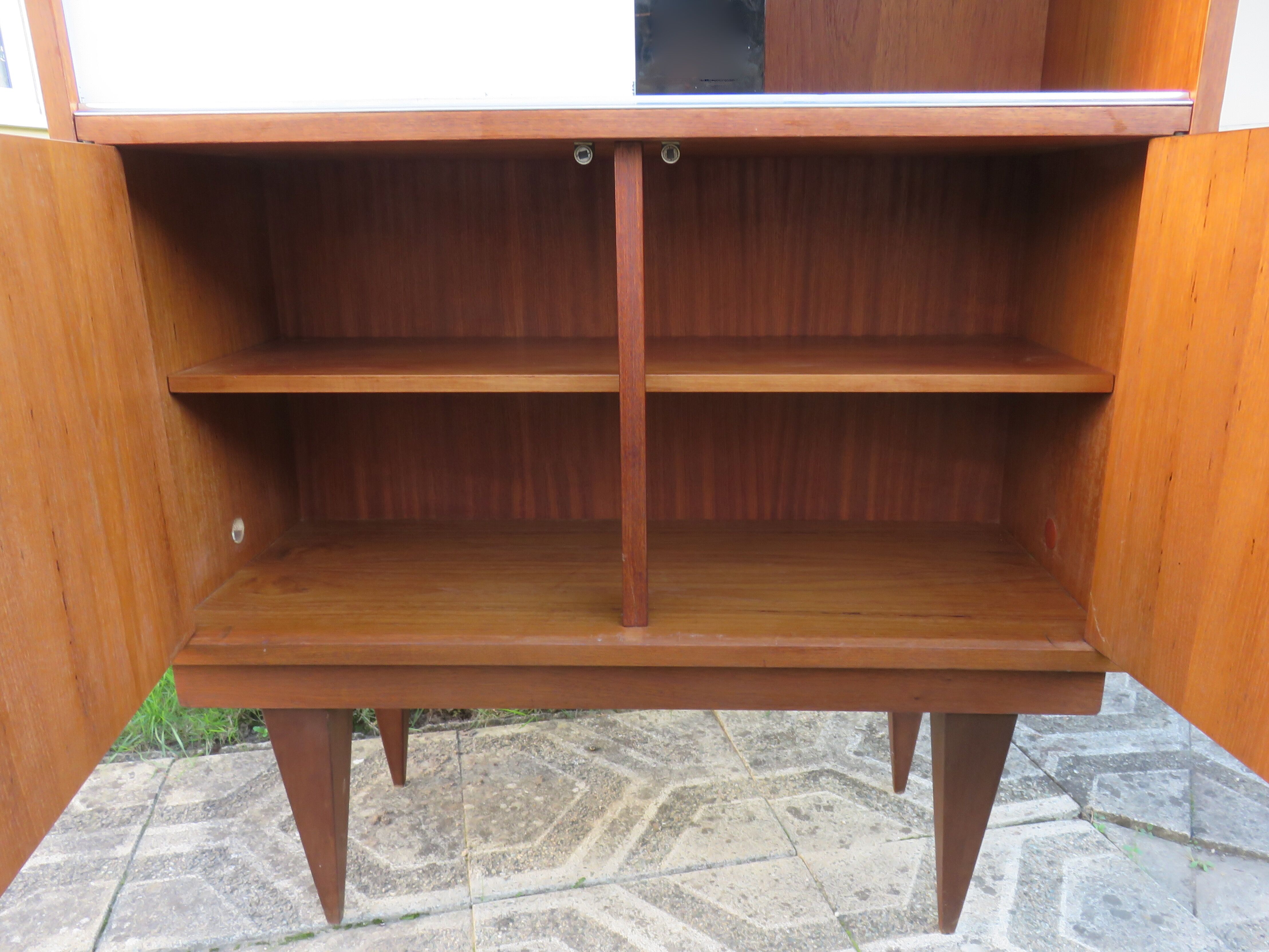 Vintage sideboard with black and white glass doors with cupboard, modernist style, France 1955