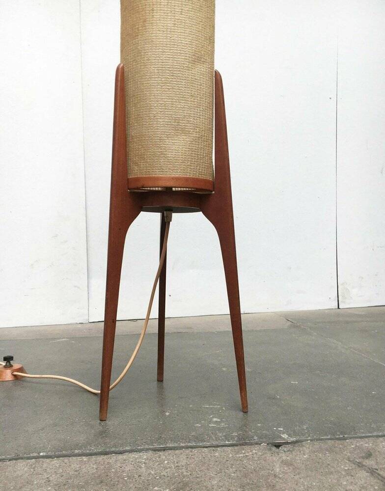 Mid-century tripod rocket floor lamp in teak, 1960s.