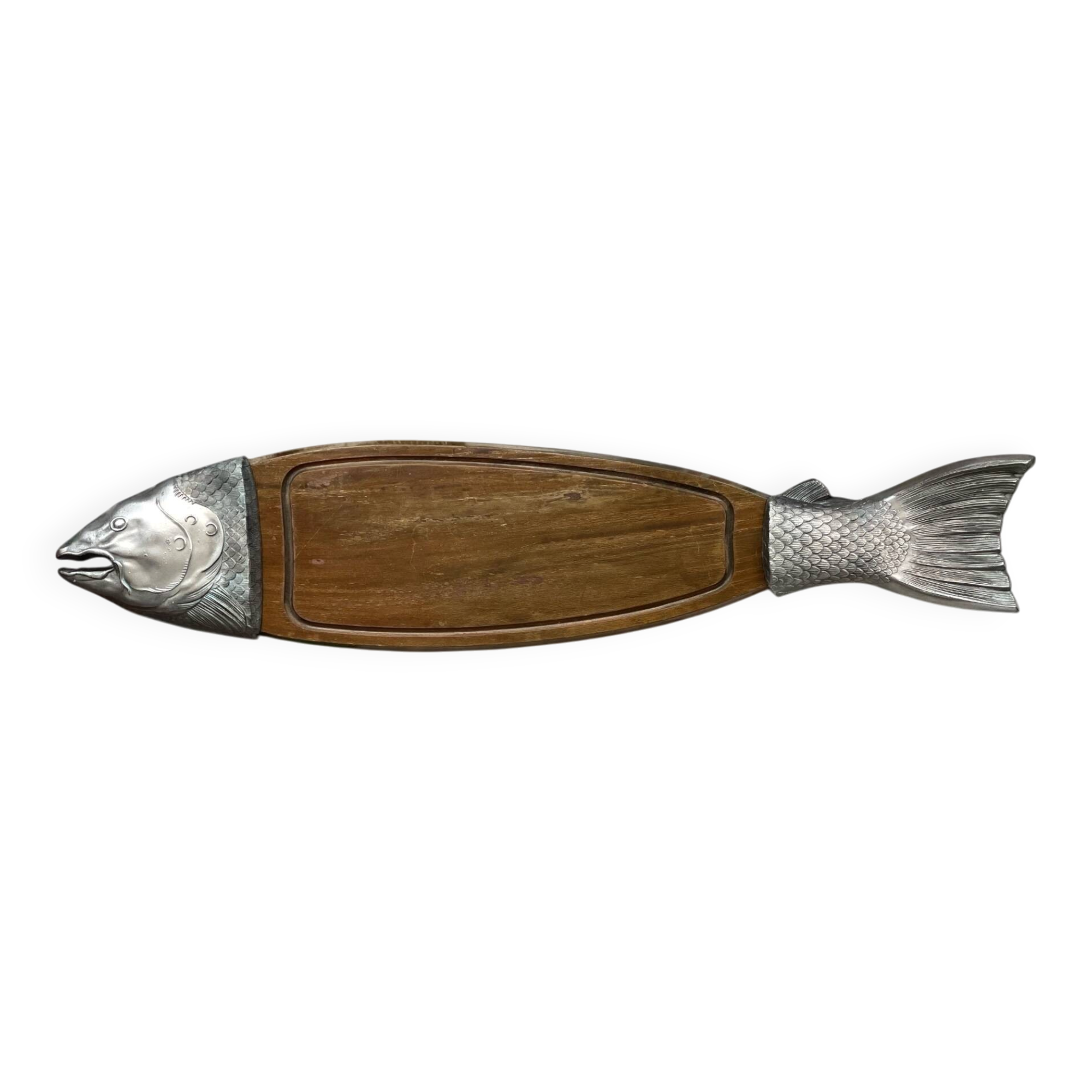 Large wooden and silver-plated fish board, 90 cm