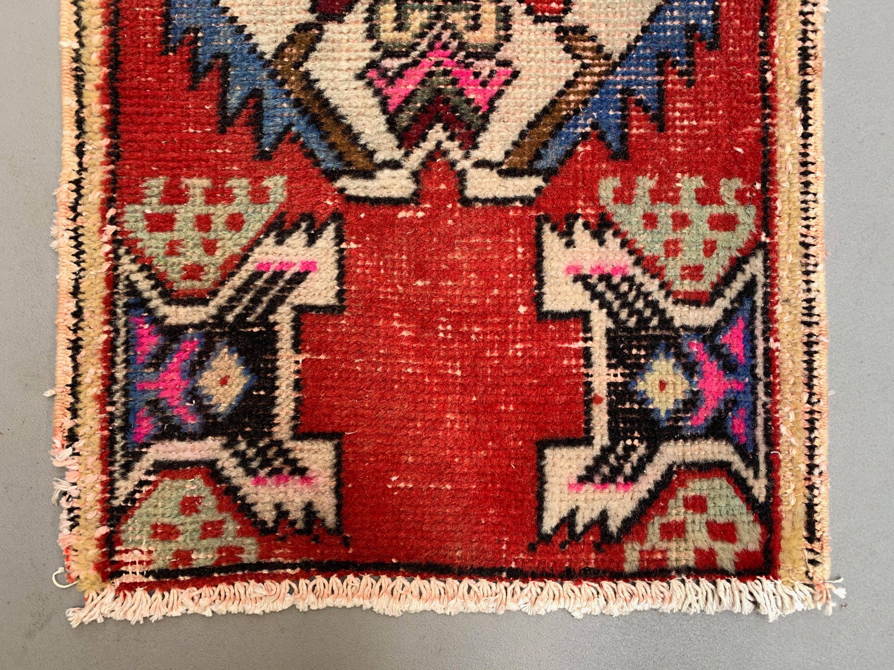 Small Vintage Turkish Rug 92x49 cm, Short Runner, Tribal, Shabby, Mini Carpet