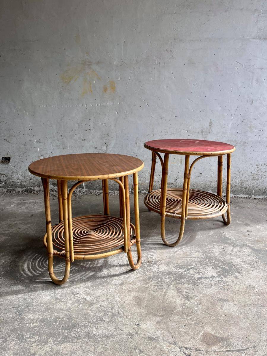 Set of 2 Natural Rattan and Glass Side Tables, 1960s Rohé Noordwolde Style
