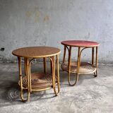 Set of 2 Natural Rattan and Glass Side Tables, 1960s Rohé Noordwolde Style
