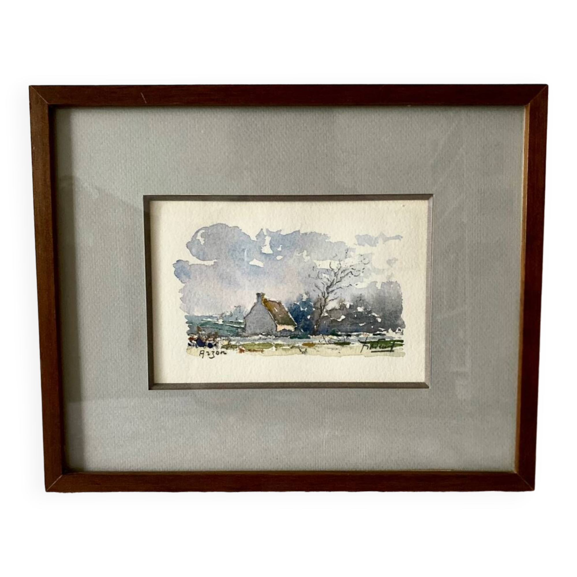 Small watercolor painting landscape Brittany Arzon signed