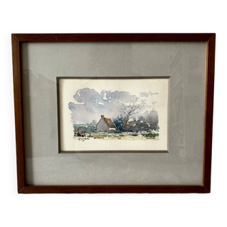 Small watercolor painting landscape Brittany Arzon signed