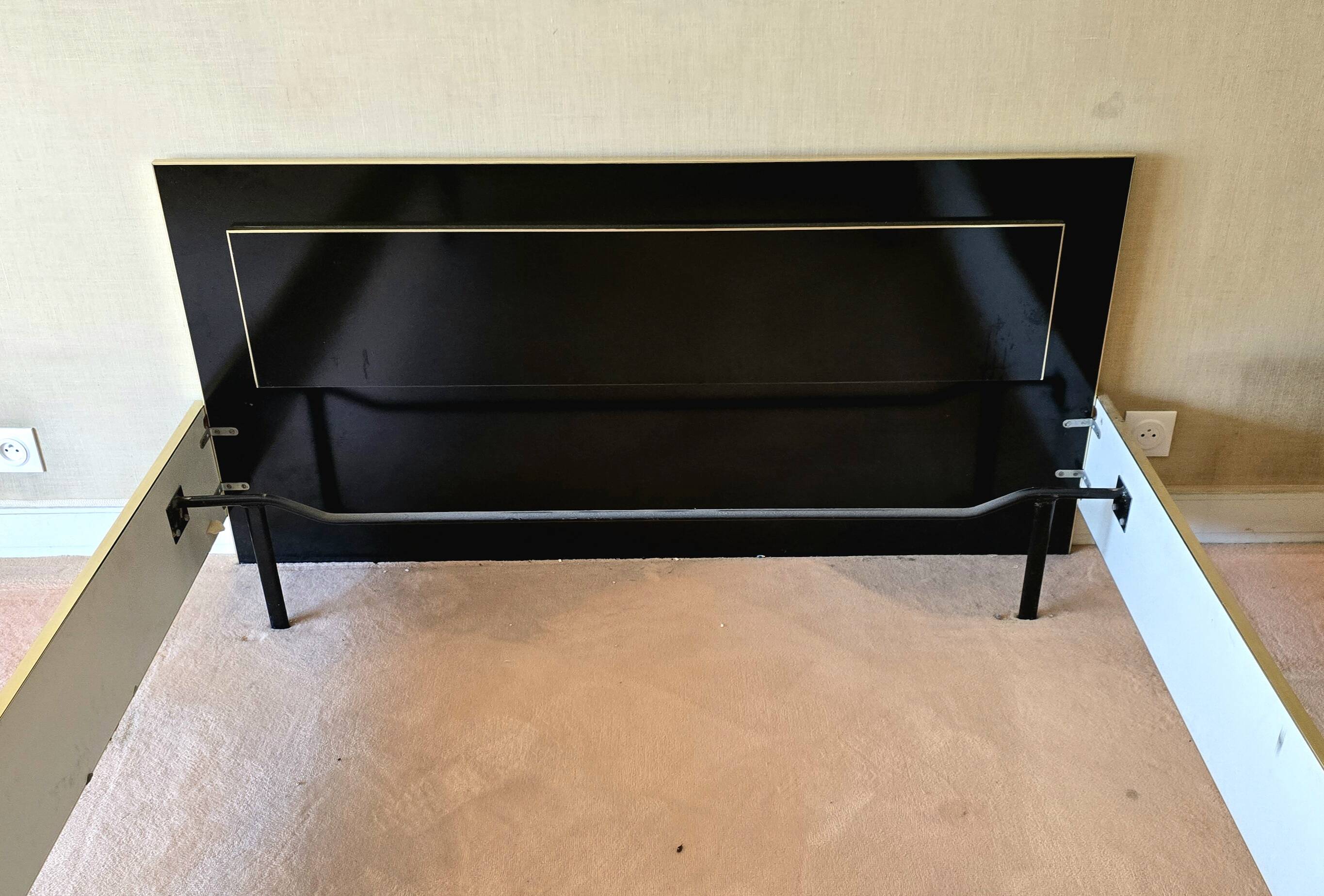 Black lacquered double bed with brass, Maison Roméo Paris, 1970s