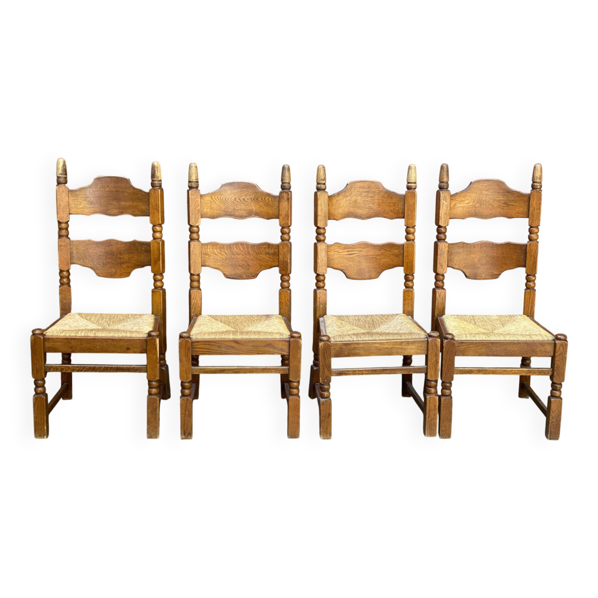 4 chaises à manger bois massif et paille 1960