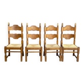4 chaises à manger bois massif et paille 1960