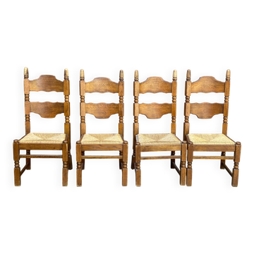 4 dining chairs made of solid wood and straw from 1960.