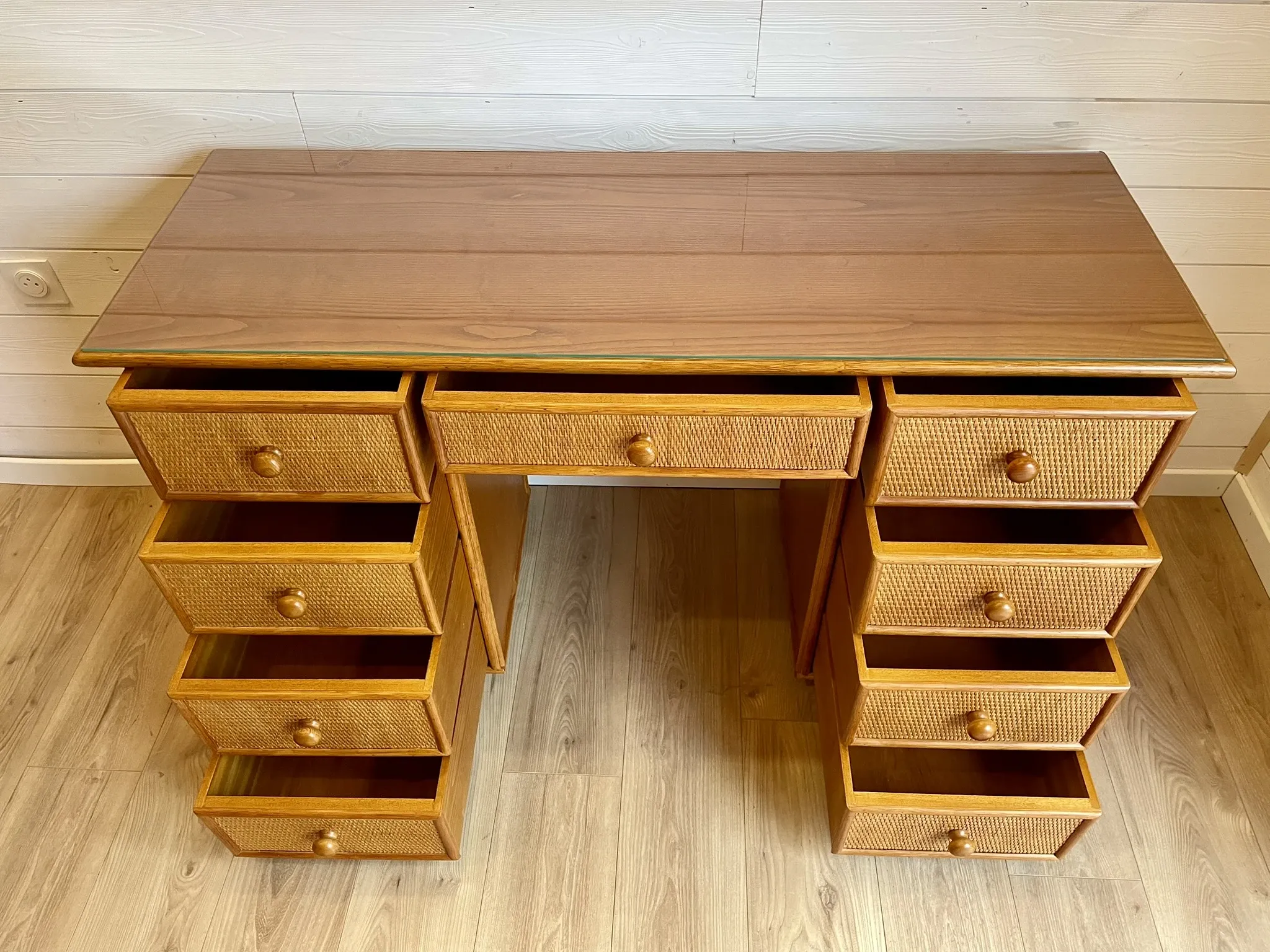 Cane work desk / Rattan glass top 9 drawers shallow depth