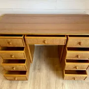 Cane work desk / Rattan glass top 9 drawers shallow depth