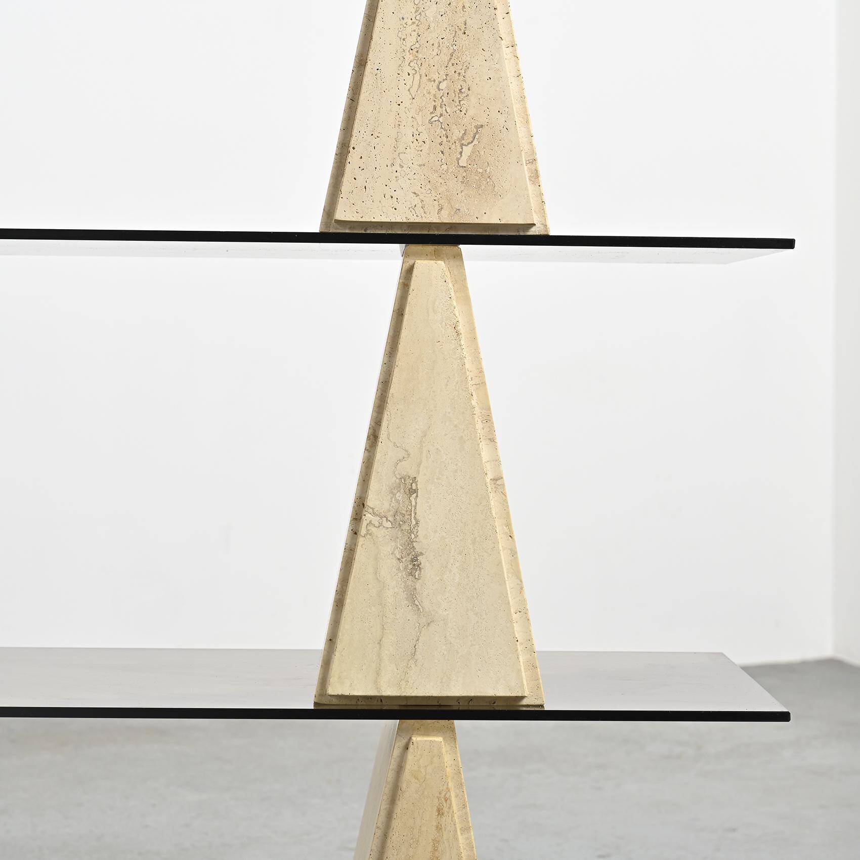Travertine and smoked glass bookcase, Italy, circa 1970