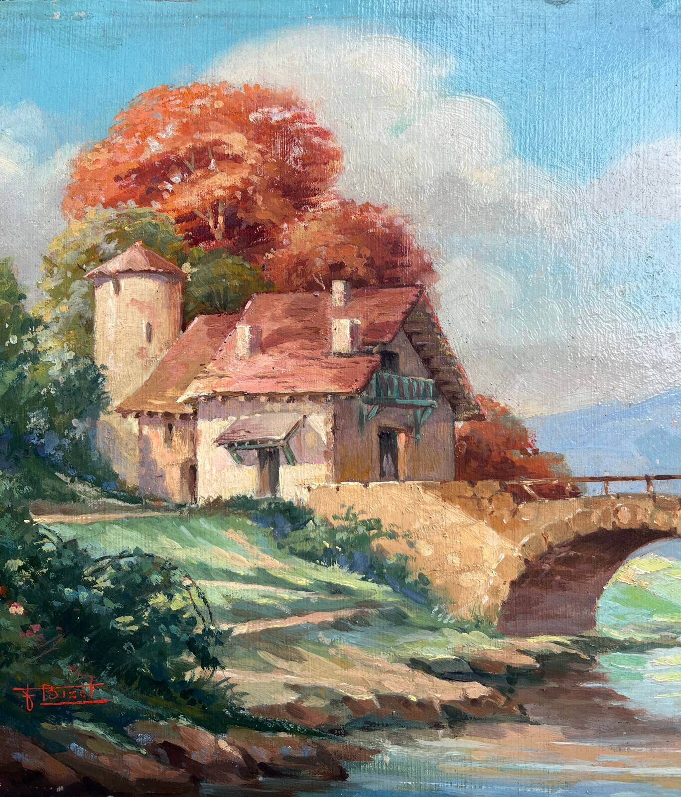 Tableau HSP "Landscape by the River" signed Bizet (mid-20th century school)