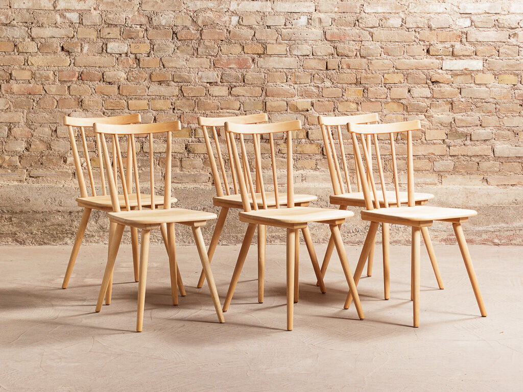 Set of 6 solid beech bar chairs completely renovated, circa 1960