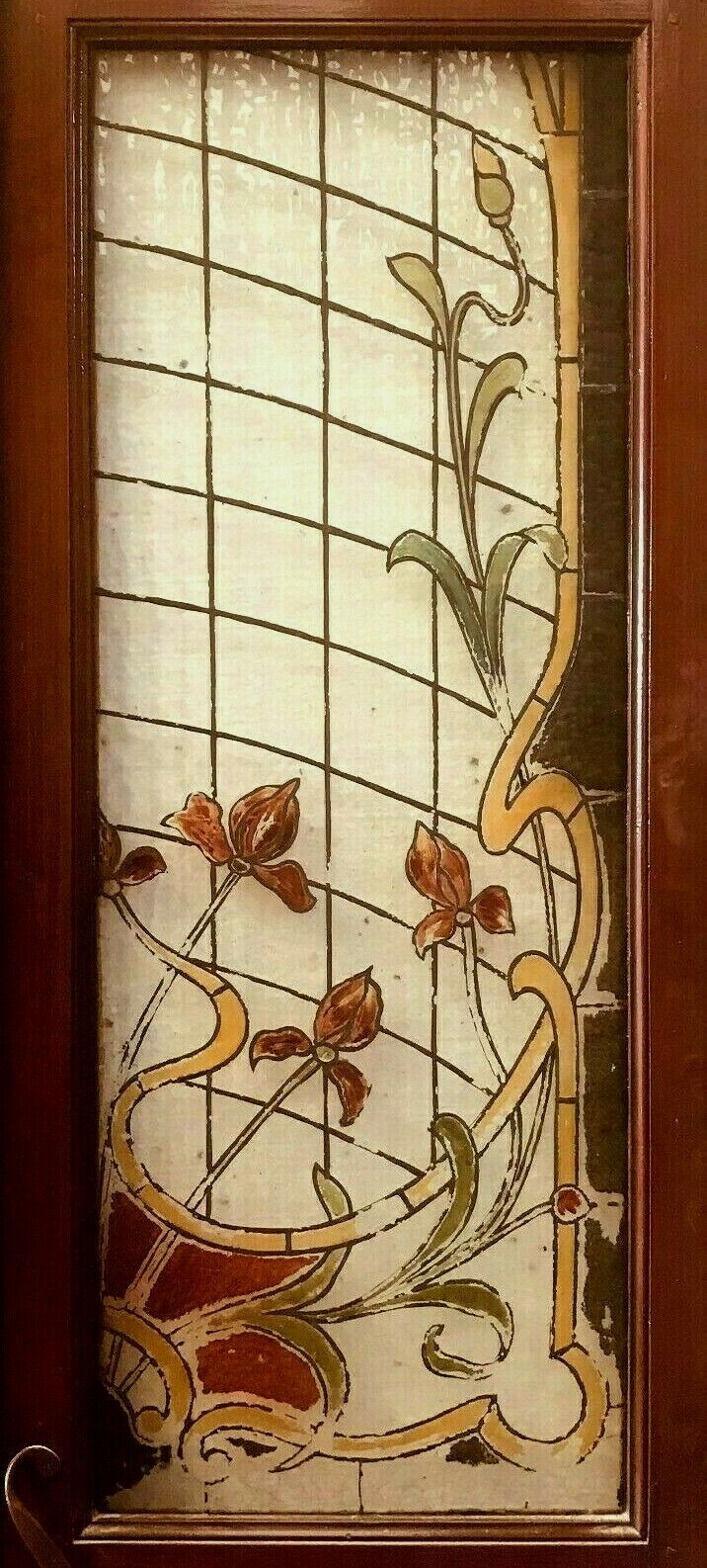 Pair of art deco doors in glass painted in imitation of 20th century stained glass