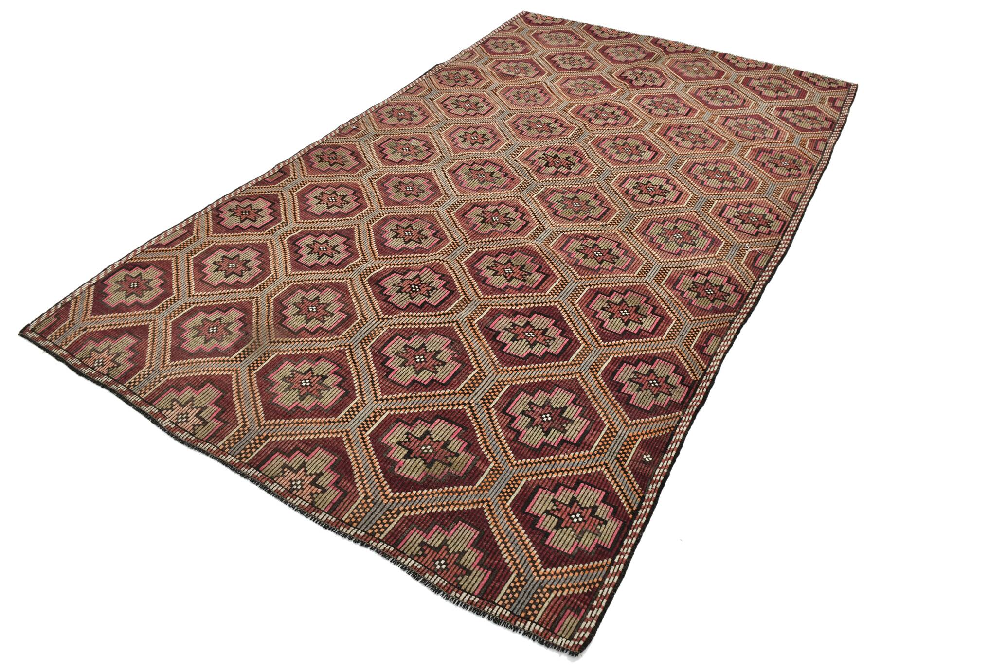 Burgundy & Red Stars Pattern Kilim Rug, 188x309Cm