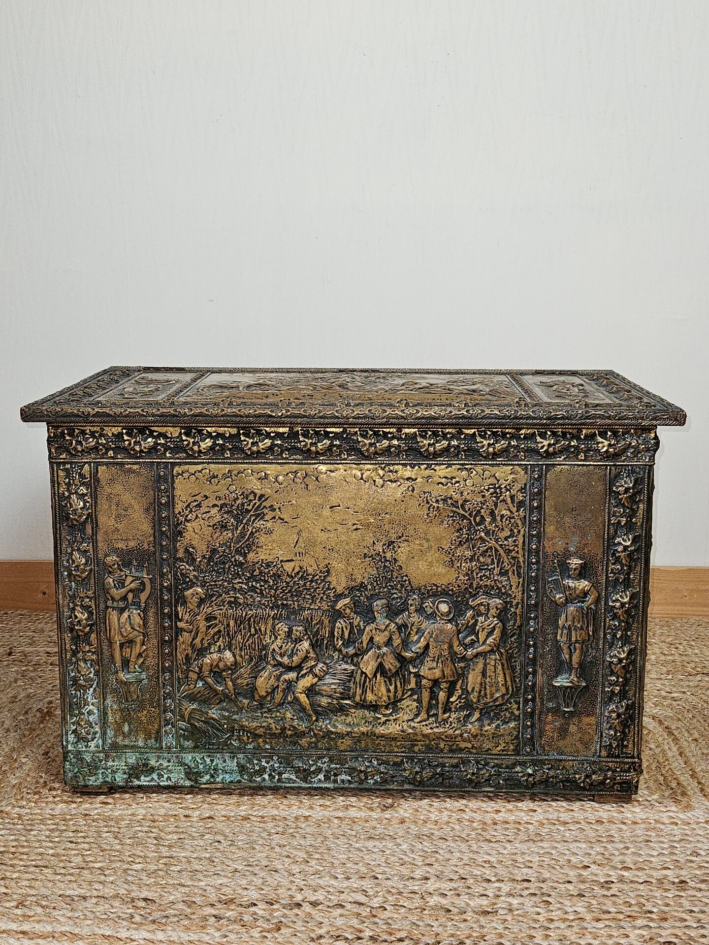 Wooden chest with repoussé brass decoration, 20th century.